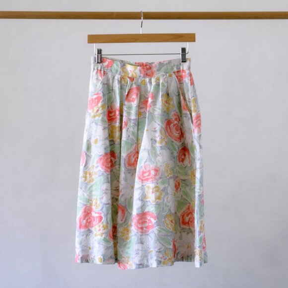 V I N T A G E 90's Irish Linen Floral Print Pleated Midi Skirt - Picture 3 of 5